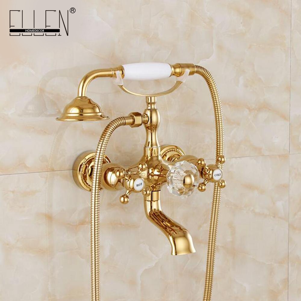 Luxury Crystal Handle Bathtub Gold Brass Faucet with Hand Shower Telephone Type Bath Faucets Sets Mixer Tap Wall Mounted