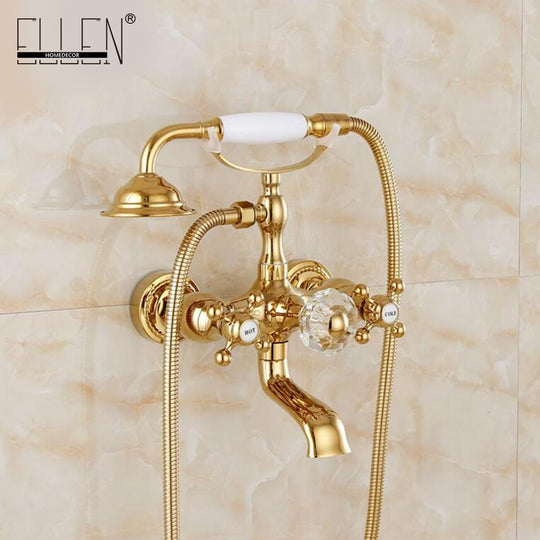 Luxury Crystal Handle Bathtub Gold Brass Faucet with Hand Shower Telephone Type Bath Faucets Sets Mixer Tap Wall Mounted