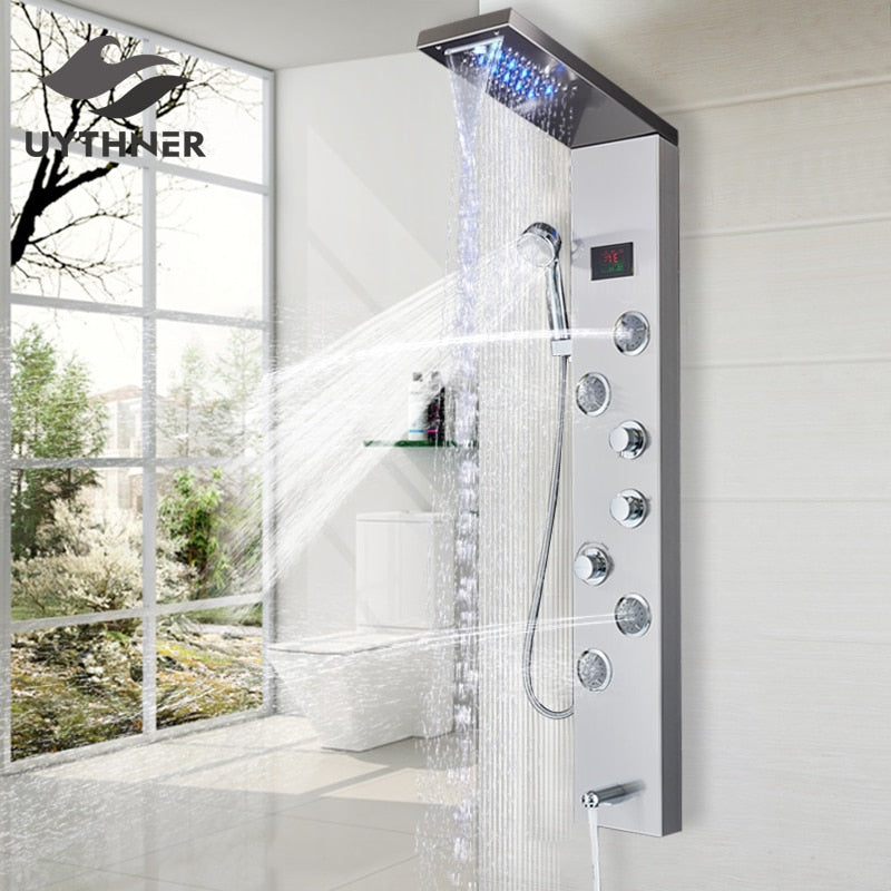 Newly Luxury Black/Brushed Bathroom Shower Faucet LED Shower Panel Column Bathtub Mixer Tap With Hand Shower Temperature Screen