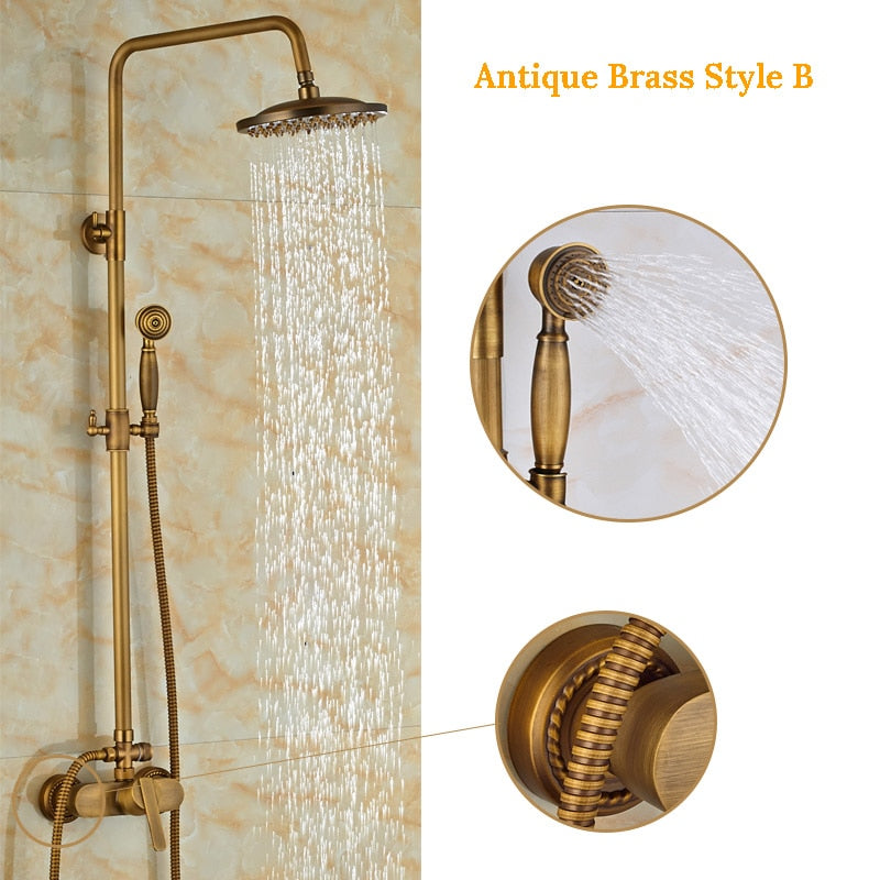 Wall Mounted Antique Brass Shower Set  8 Inch Round Rainfall Shower Head Wide Tub Spout Brass Hand Sprayer Mixer Tap