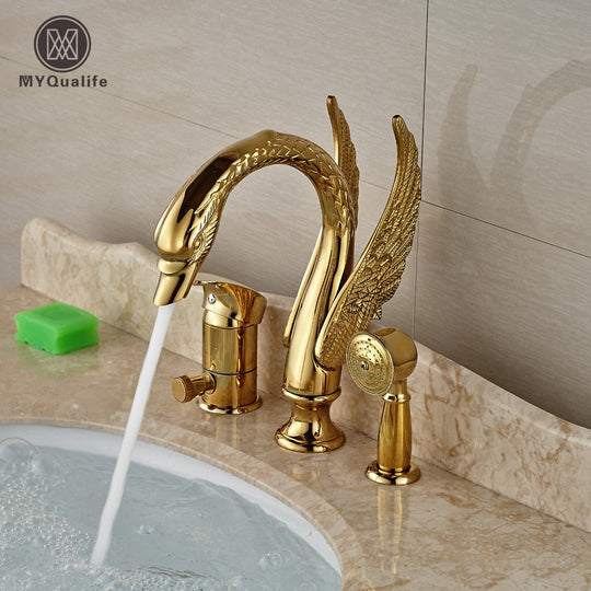 Golden Widespread 3pcs Swan Bathtub Faucet Deck Mount with Handheld Shower Bathroom Tub Mixer Taps