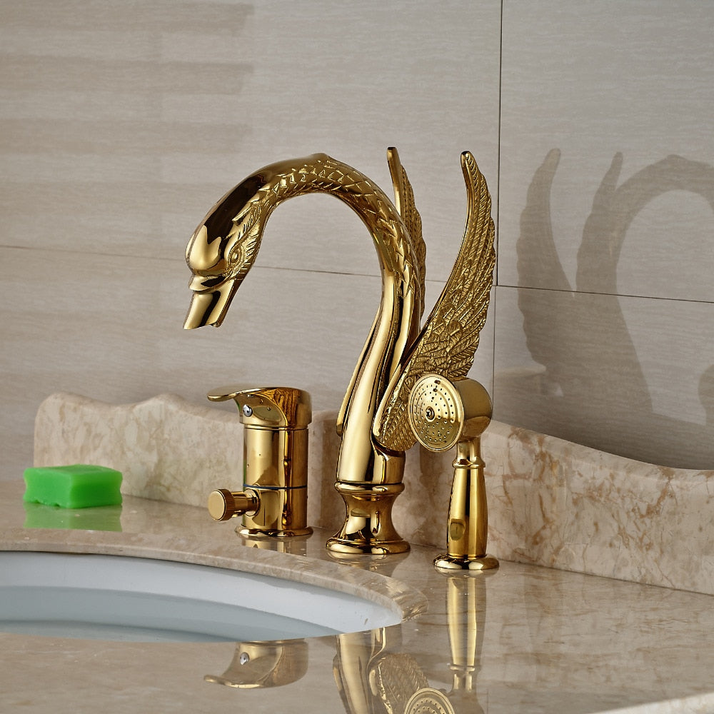 Golden Widespread 3pcs Swan Bathtub Faucet Deck Mount with Handheld Shower Bathroom Tub Mixer Taps