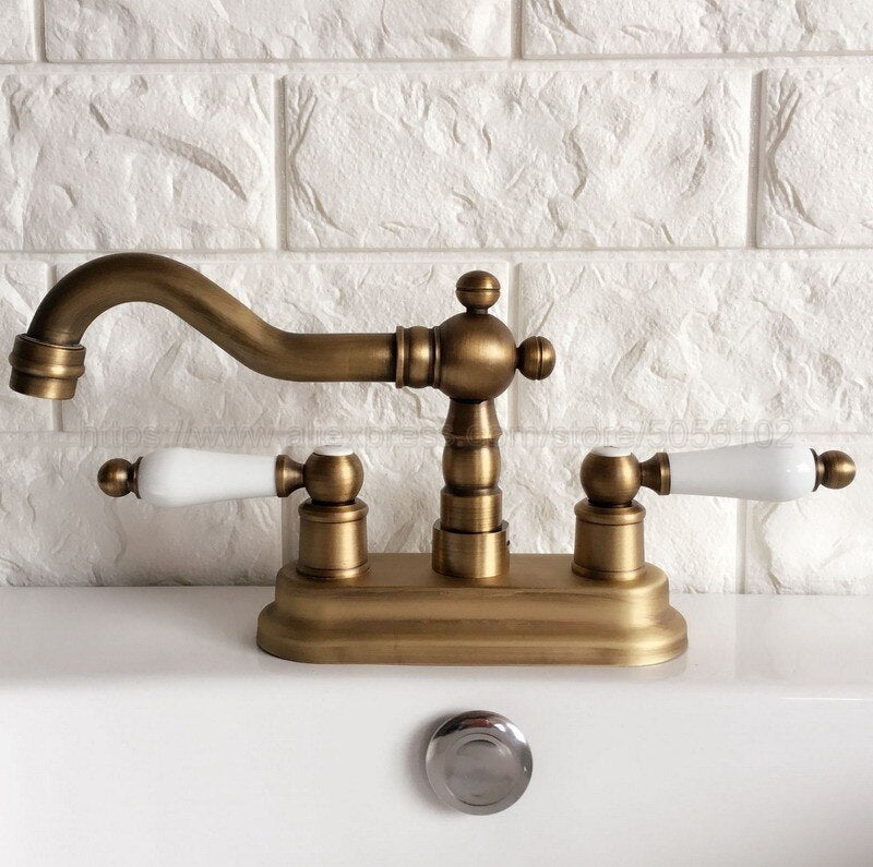 Antique Brass Double Handle Bathroom Wash Basin Mixer Taps / 2 Hole Deck Mounted Swivel Spout Vessel Sink Faucets