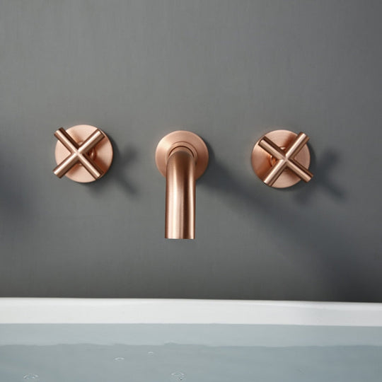 Modern Brushed Rose Gold Brass Double Cross Handle Bath Wall Mounted 3 Hole Water Bathroom Home Sink Faucet Hot Cold Tap In-Wall