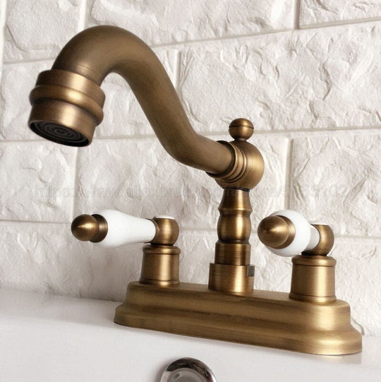 Antique Brass Double Handle Bathroom Wash Basin Mixer Taps / 2 Hole Deck Mounted Swivel Spout Vessel Sink Faucets