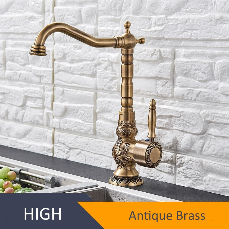 Antique Brass Bathroom Basin Carved Faucet Long Nose Spout Wash Sink Tap 360 Rotation Single Handle Mixer Tap torneiras