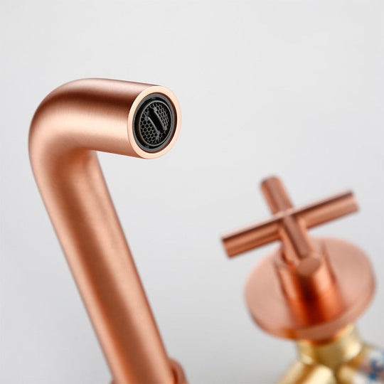 Modern Brushed Rose Gold Brass Double Cross Handle Bath Wall Mounted 3 Hole Water Bathroom Home Sink Faucet Hot Cold Tap In-Wall