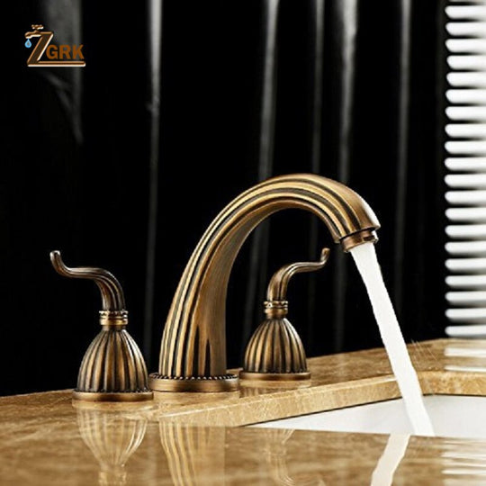 Antique Brass Finished Bathroom Bathtub Faucet Double Handles 3 pcs Basin Mixer Tap Gold Sink Faucet Bathroom Basin Faucet