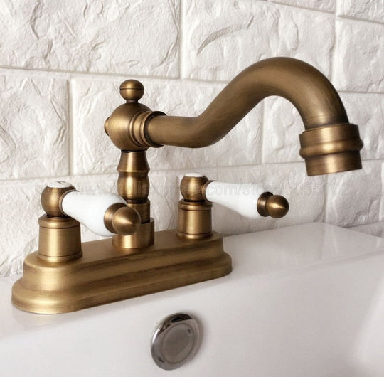 Antique Brass Double Handle Bathroom Wash Basin Mixer Taps / 2 Hole Deck Mounted Swivel Spout Vessel Sink Faucets