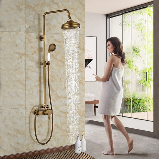 Wall Mounted Antique Brass Shower Set  8 Inch Round Rainfall Shower Head Wide Tub Spout Brass Hand Sprayer Mixer Tap