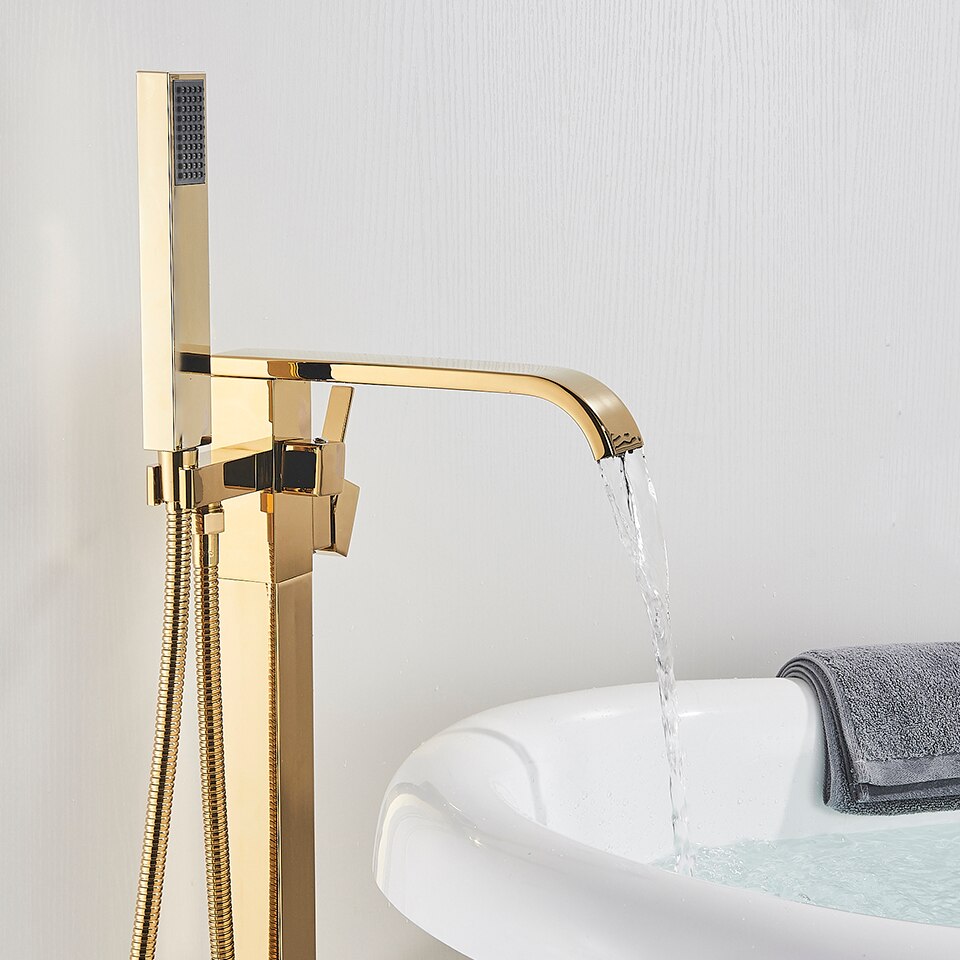 Floor Mounted Bathtub Faucet Set Gold Bath Tub Faucet Hot and Cold Water Shower Bathtub Mixer Tap Waterfall Floor Stand