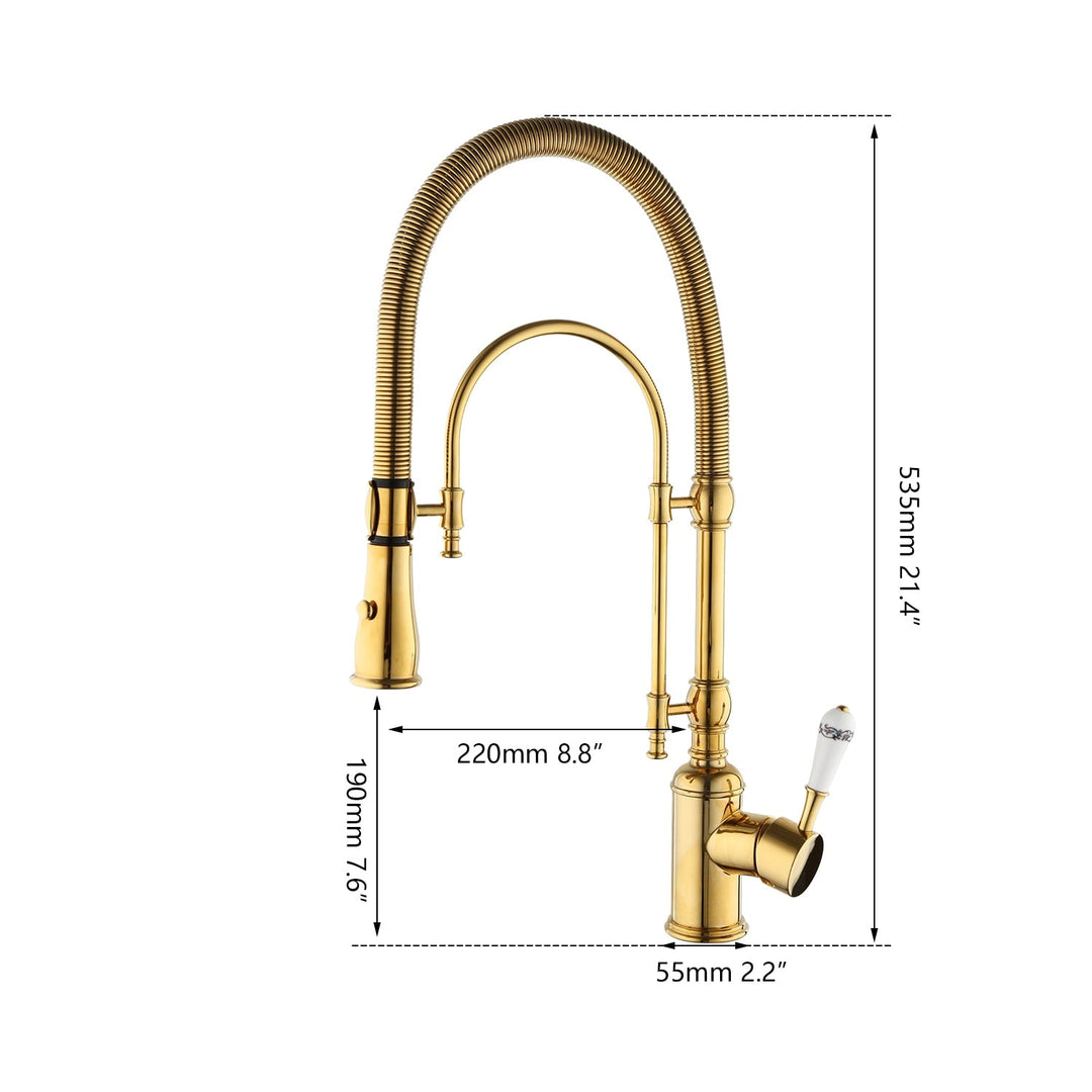 Golden Spring Pull Down Kitchen Sink Faucet Hot &amp; Cold Water Mixer Crane Tap with Dual Spout Deck Mounted