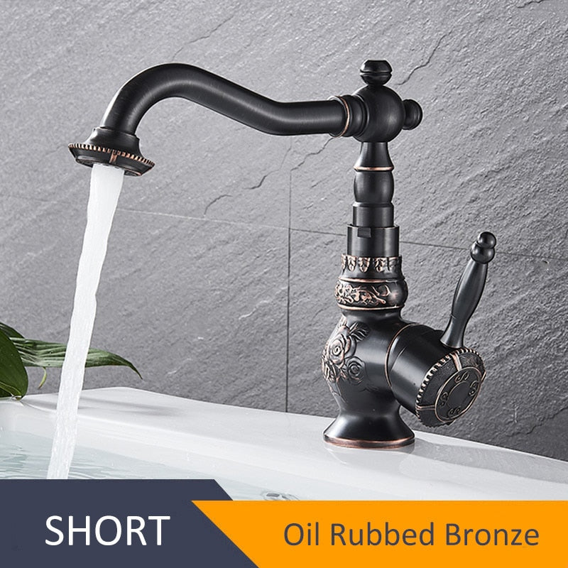 Antique Brass Bathroom Basin Carved Faucet Long Nose Spout Wash Sink Tap 360 Rotation Single Handle Mixer Tap torneiras