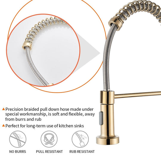 Golden Kitchen Spring Faucet Brass Deck Mount 360 Degree Rotate Stream &amp; Sprayer Nozzle Hot Cold Mixer Vanity Sink Tap