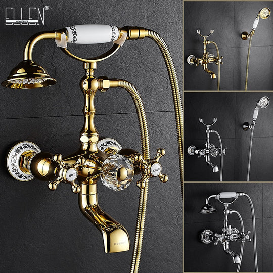 Luxury Crystal Handle Bathtub Gold Brass Faucet with Hand Shower Telephone Type Bath Faucets Sets Mixer Tap Wall Mounted