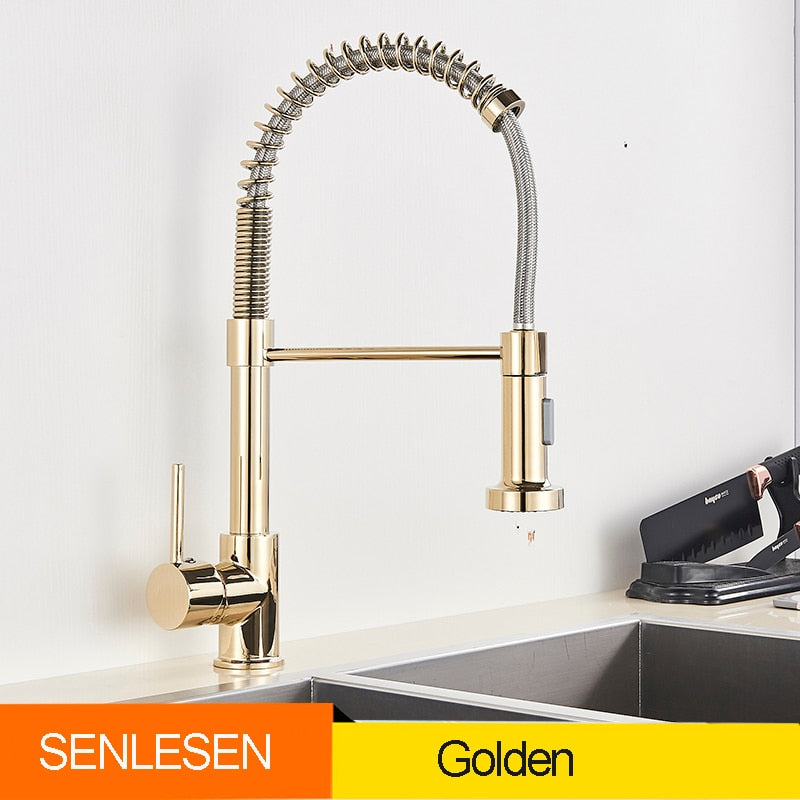 Golden Kitchen Spring Faucet Brass Deck Mount 360 Degree Rotate Stream &amp; Sprayer Nozzle Hot Cold Mixer Vanity Sink Tap