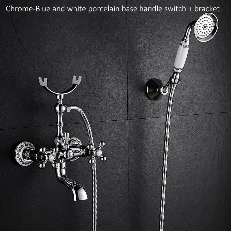 Luxury Crystal Handle Bathtub Gold Brass Faucet with Hand Shower Telephone Type Bath Faucets Sets Mixer Tap Wall Mounted