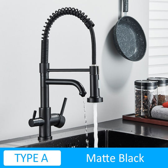 Matte Black Kitchen Filtered Faucet Water Tap Purifier Faucet Dual Sprayer Drinking Water Tap 360 Rotation Purification Mixer