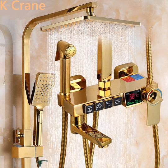 Golden Shower Set Bathroom Smart Digital Shower System Wall Mount Thermostatic Bath Faucet SPA Rainfall Bathtub LED Tap Full Kit