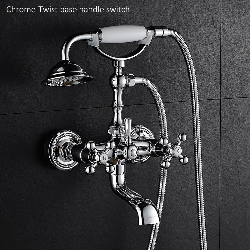 Luxury Crystal Handle Bathtub Gold Brass Faucet with Hand Shower Telephone Type Bath Faucets Sets Mixer Tap Wall Mounted