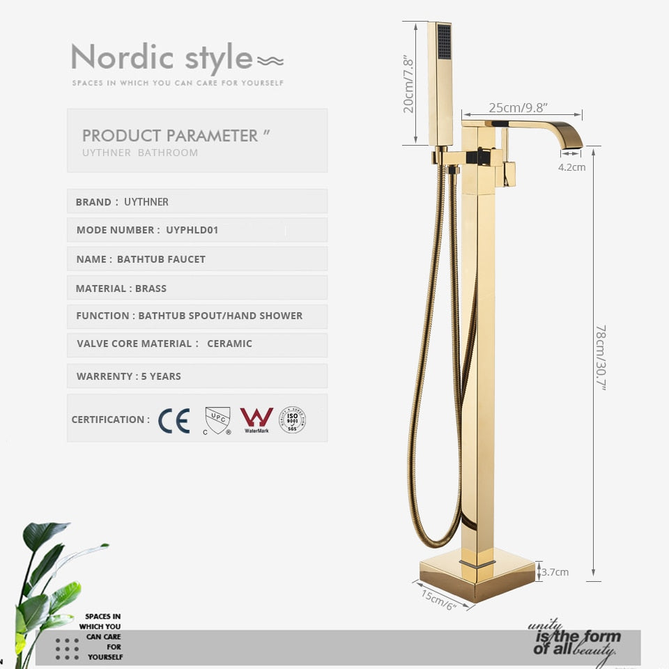 Floor Mounted Bathtub Faucet Set Gold Bath Tub Faucet Hot and Cold Water Shower Bathtub Mixer Tap Waterfall Floor Stand