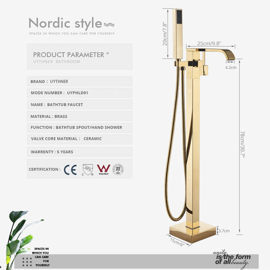 Floor Mounted Bathtub Faucet Set Gold Bath Tub Faucet Hot and Cold Water Shower Bathtub Mixer Tap Waterfall Floor Stand