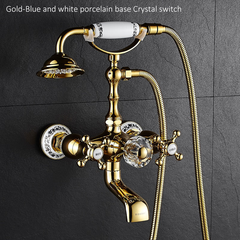 Luxury Crystal Handle Bathtub Gold Brass Faucet with Hand Shower Telephone Type Bath Faucets Sets Mixer Tap Wall Mounted