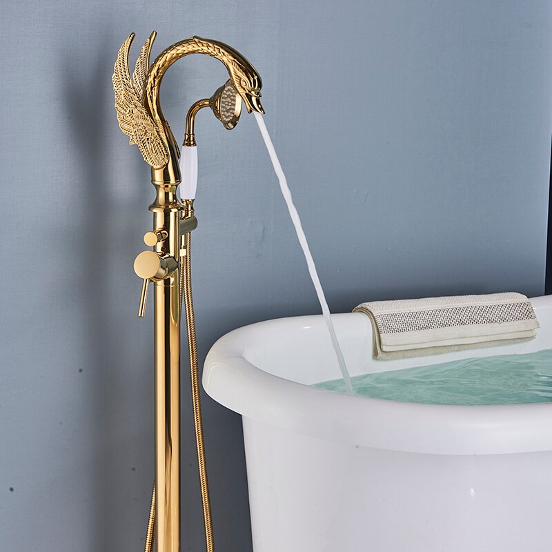 Luxury Golden Bathtub Faucet Swan 2 features hot and Cold Floor Standing Shower faucet