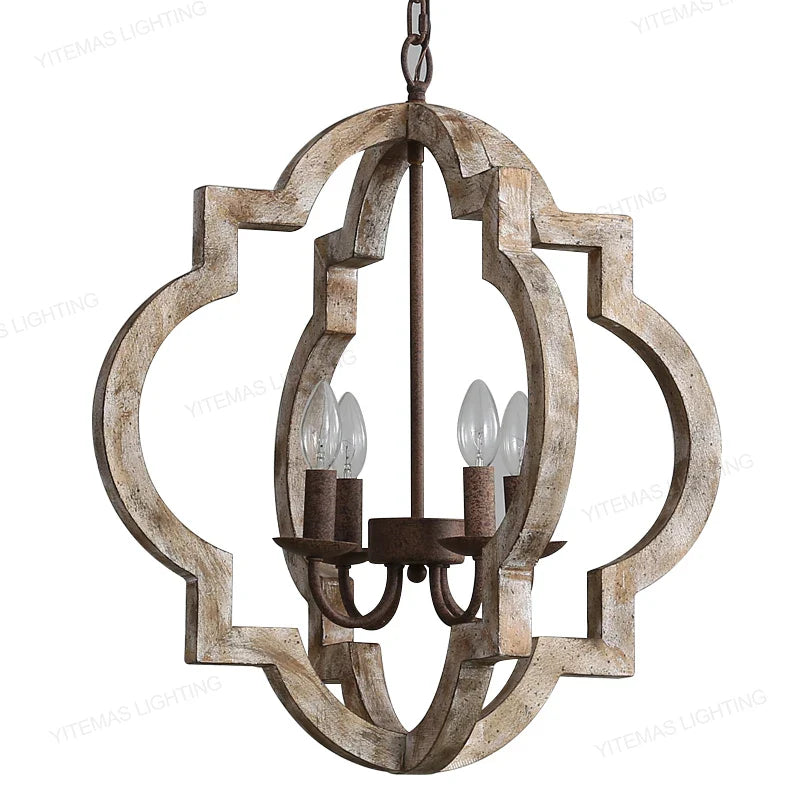 Vintage Solid Wood Chandelier – French American Style Retro White 4-Light Pendant