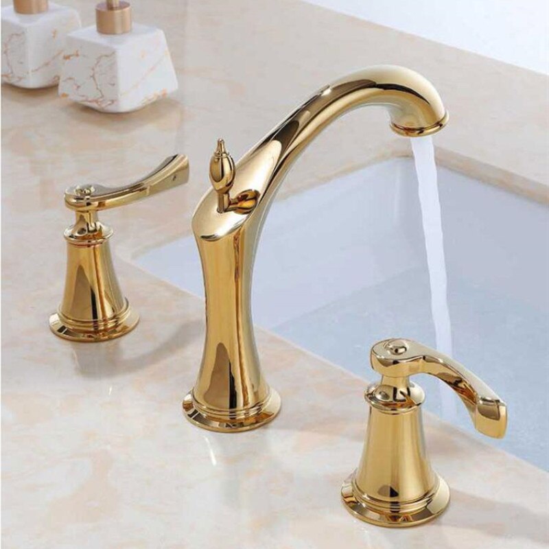 Basin Faucet Widespread American Style Classical Gold Brass Mixer Tap Bathroom Basin Water Sink Mixer Gold Brass