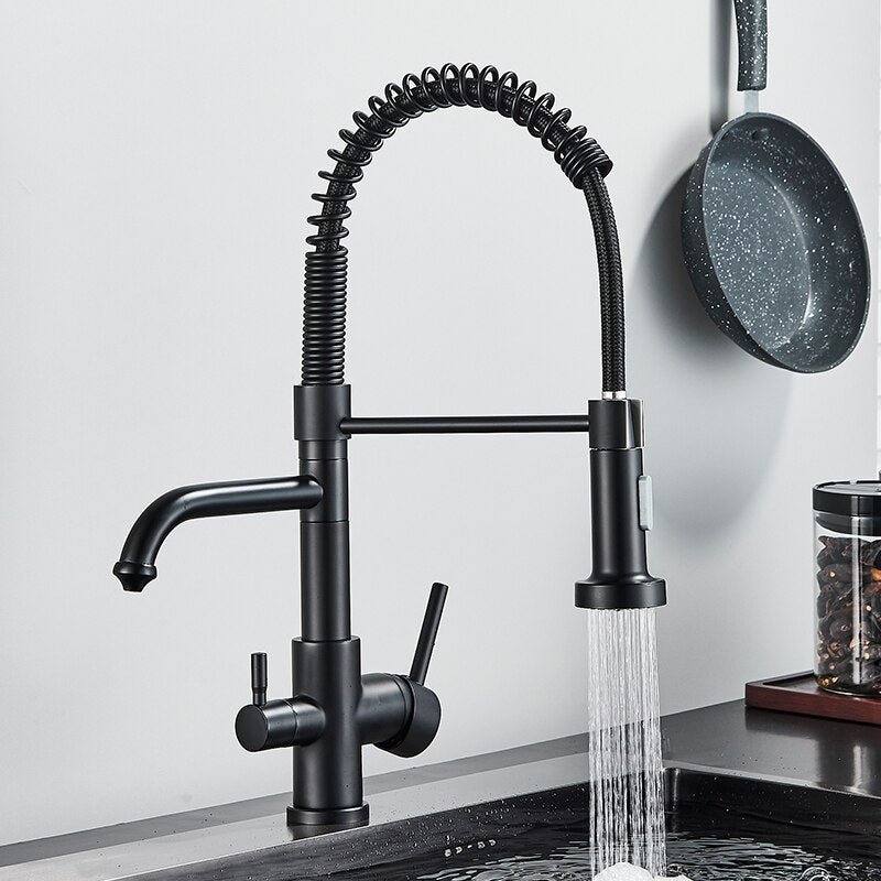 Matte Black Kitchen Filtered Faucet Water Tap Purifier Faucet Dual Sprayer Drinking Water Tap 360 Rotation Purification Mixer