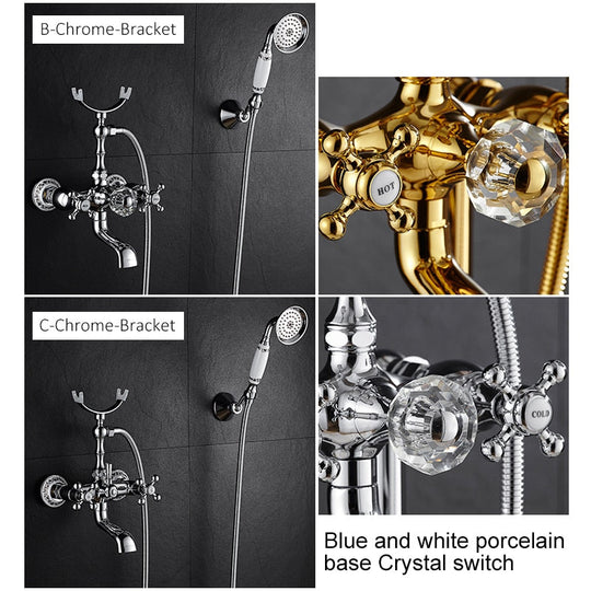 Luxury Crystal Handle Bathtub Gold Brass Faucet with Hand Shower Telephone Type Bath Faucets Sets Mixer Tap Wall Mounted