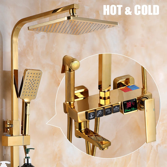 Golden Shower Set Bathroom Smart Digital Shower System Wall Mount Thermostatic Bath Faucet SPA Rainfall Bathtub LED Tap Full Kit