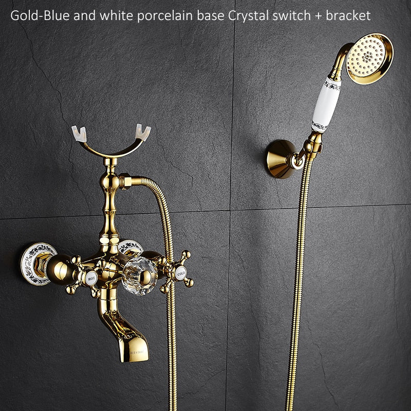 Luxury Crystal Handle Bathtub Gold Brass Faucet with Hand Shower Telephone Type Bath Faucets Sets Mixer Tap Wall Mounted