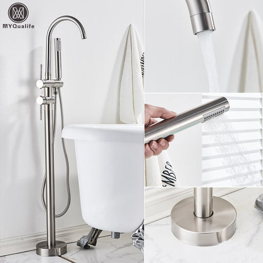 Floor Mounted Chrome Bath Tub Faucet Clawfoot Free Standing Bath Mixer Tap with Handshower Single Lever Bathtub Faucet