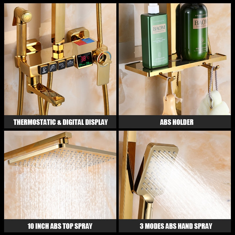 Golden Shower Set Bathroom Smart Digital Shower System Wall Mount Thermostatic Bath Faucet SPA Rainfall Bathtub LED Tap Full Kit