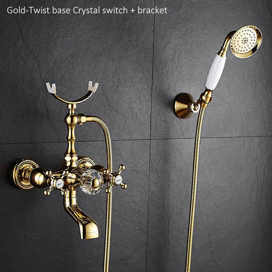 Luxury Crystal Handle Bathtub Gold Brass Faucet with Hand Shower Telephone Type Bath Faucets Sets Mixer Tap Wall Mounted