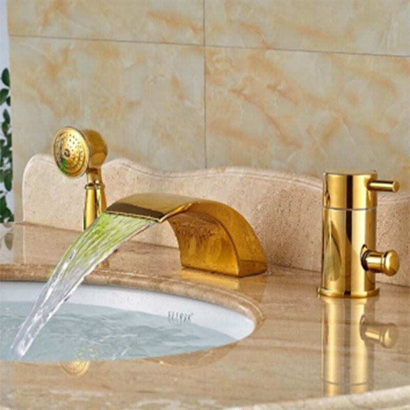 Luxury Golden Waterfall Bathtub Mixer Faucet Deck Mount Single Handle Tub Tap with Handheld Shower