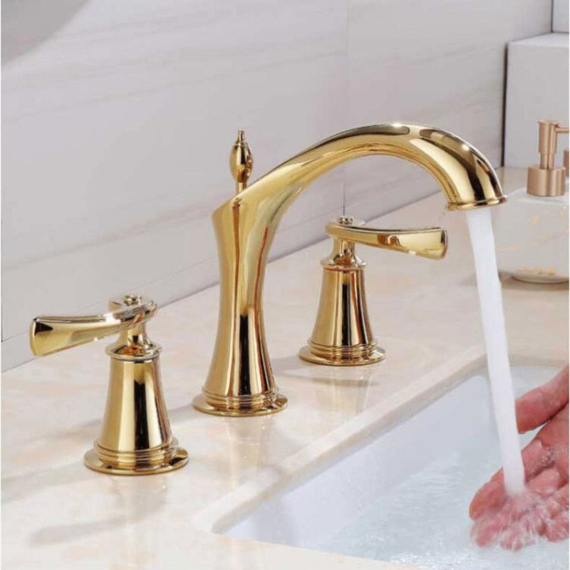 Basin Faucet Widespread American Style Classical Gold Brass Mixer Tap Bathroom Basin Water Sink Mixer Gold Brass