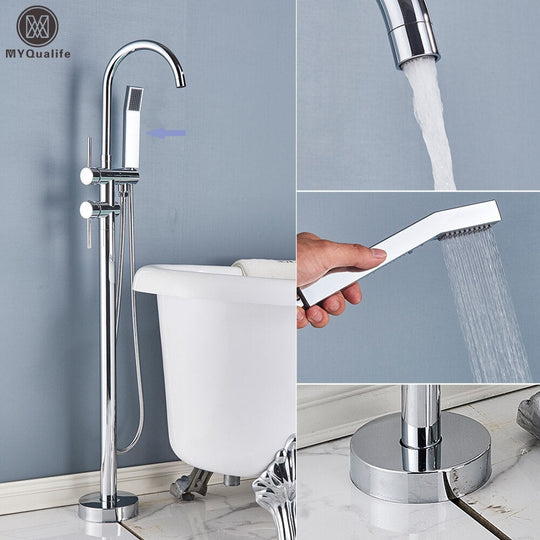 Floor Mounted Chrome Bath Tub Faucet Clawfoot Free Standing Bath Mixer Tap with Handshower Single Lever Bathtub Faucet