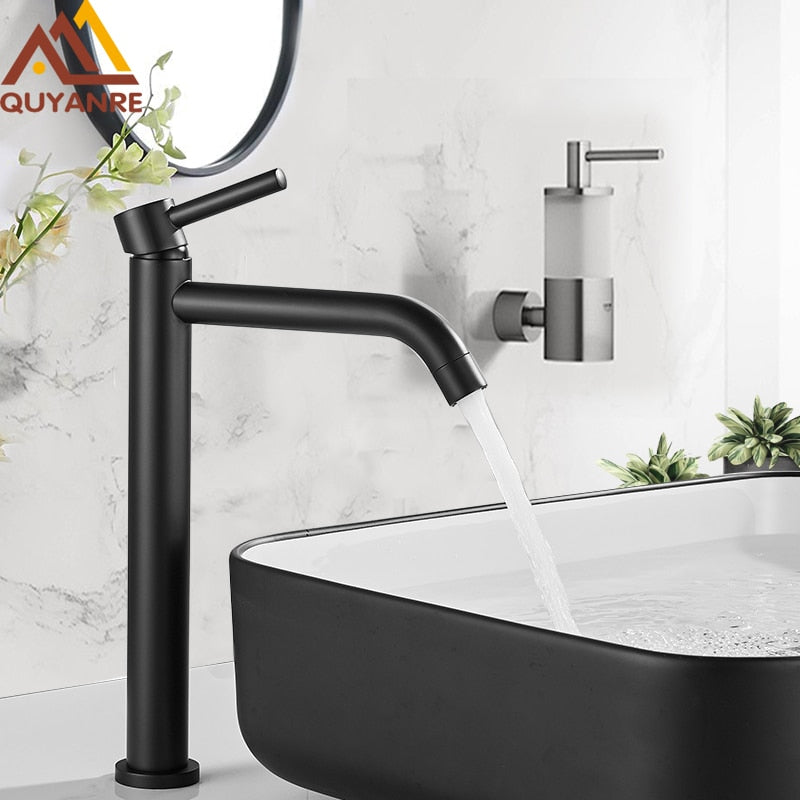 Black Chrome Tall Basin Sink Faucet Slim Bathroom Washbasin Water Mixer Tap Hot Cold Water Basin Crane Tap Bathroom Tap