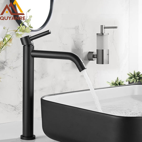 Black Chrome Tall Basin Sink Faucet Slim Bathroom Washbasin Water Mixer Tap Hot Cold Water Basin Crane Tap Bathroom Tap