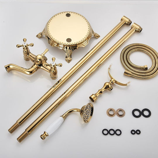 Gold Bathtub Shower Faucet Deck Mount Dual Tube Hot Cold Mixer Shower Systems with Rainfall Handheld Floor Stand Fuacets