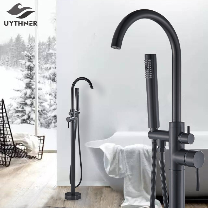 Freestanding Bathtub Faucet Set Floor Standing Bath Mixer Tap Dual Handle Black Bathtub Tap For Bathroom Faucets