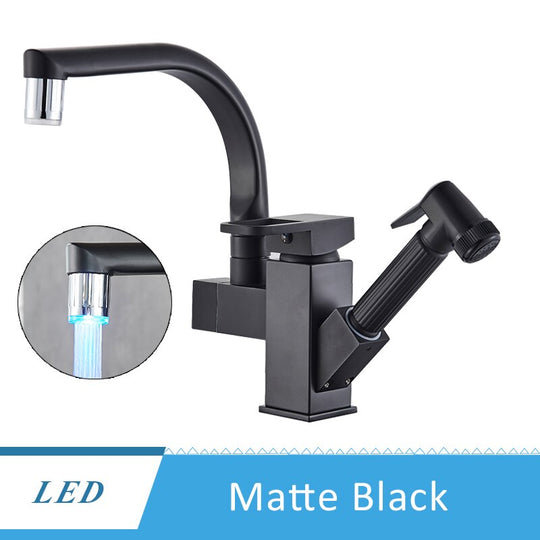 Kitchen Faucet Golden Brass Tap Bathroom Deck Mounted Pull Out Sprayer Gun Led Spout Hot and Cold Water Mixer Tap