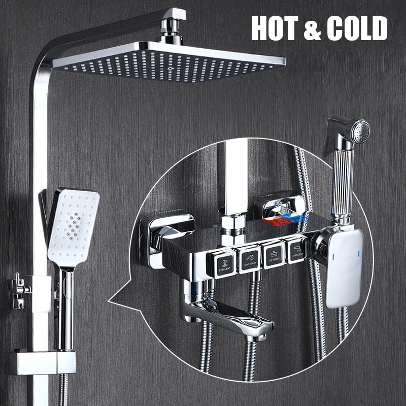 Golden Shower Set Bathroom Smart Digital Shower System Wall Mount Thermostatic Bath Faucet SPA Rainfall Bathtub LED Tap Full Kit