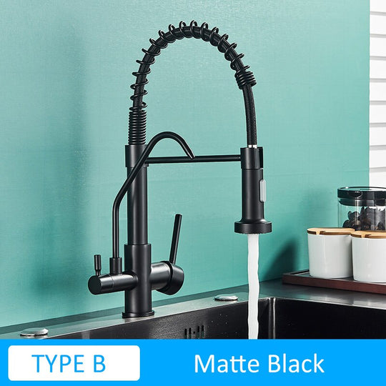 Matte Black Kitchen Filtered Faucet Water Tap Purifier Faucet Dual Sprayer Drinking Water Tap 360 Rotation Purification Mixer