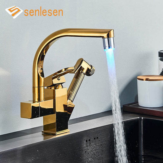 Kitchen Faucet Golden Brass Tap Bathroom Deck Mounted Pull Out Sprayer Gun Led Spout Hot and Cold Water Mixer Tap