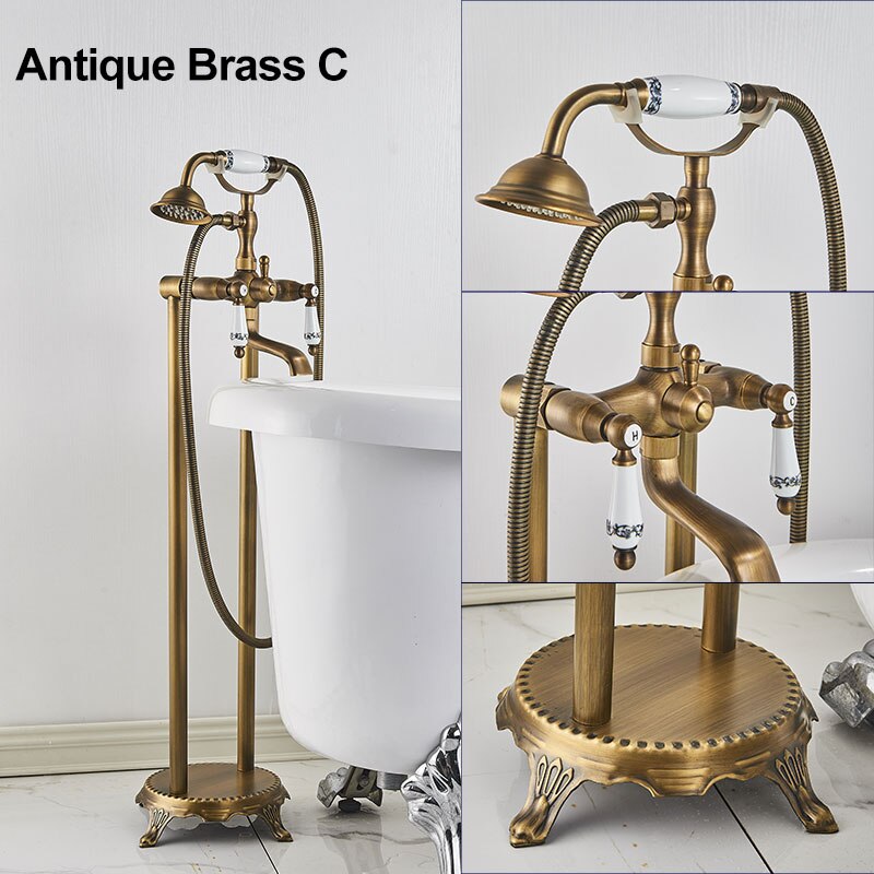 Gold Bathtub Shower Faucet Deck Mount Dual Tube Hot Cold Mixer Shower Systems with Rainfall Handheld Floor Stand Fuacets