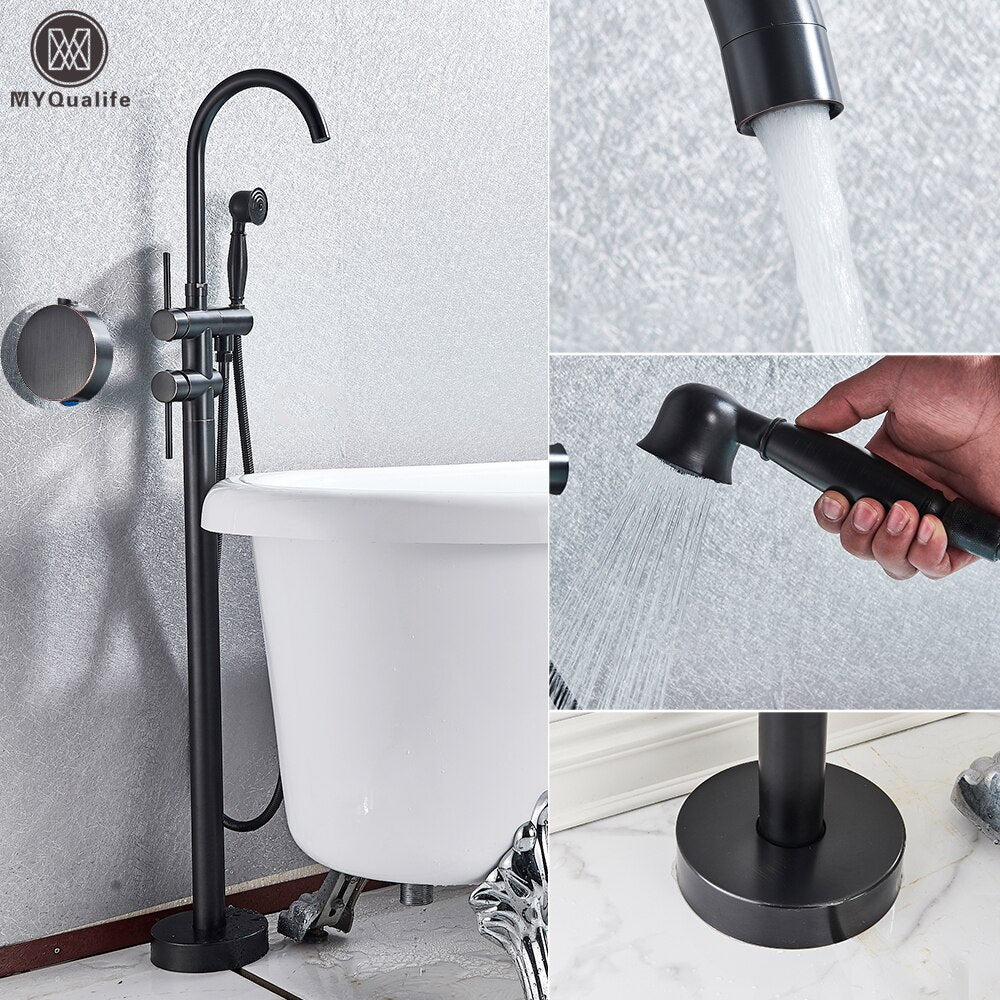 Floor Mounted Chrome Bath Tub Faucet Clawfoot Free Standing Bath Mixer Tap with Handshower Single Lever Bathtub Faucet